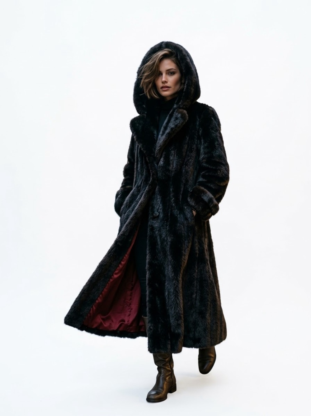 Long Hooded Faux Fur Coat with Burgundy Lining - Black